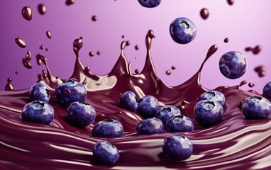 Wall Mural - Deep purple blueberry chocolate splash with blueberries floating, pastel purple background