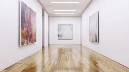 Wall Mural - Modern hallway with plain white walls, wooden flooring, and a single abstract artwork for a minimalist aesthetic