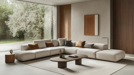 Wall Mural - Modern living room with a sectional sofa, sleek coffee table, and minimalistic decor for a clean, open space