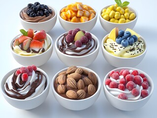 Wall Mural - Assorted Fruit and Nut Toppings on Yogurt Bowls Isolated on White