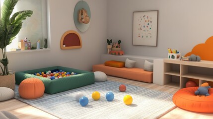 Wall Mural - Modern playroom setup with modular furniture, a ball pit, and a sensory play area for hands-on learning and fun