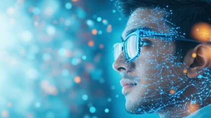 Digital Visionary: A young man, wearing glasses, gazes intently into the future, his face overlaid with a network of glowing lines representing digital data and innovation.
