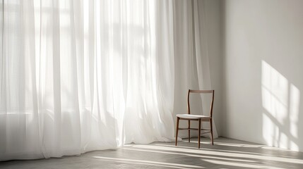 Wall Mural - Natural light photography room with sheer curtains, a minimalist chair, and strategically placed reflectors for soft shadows