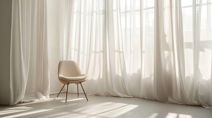 Wall Mural - Natural light photography room with sheer curtains, a minimalist chair, and strategically placed reflectors for soft shadows