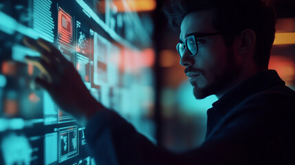 Man Interacting Futuristic Digital Interface Screen Technology Data Neon Blue System Modern Design  