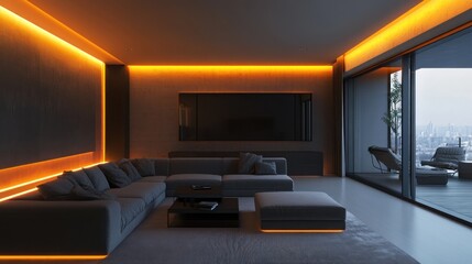 Wall Mural - Modern apartment living room, orange LED lighting, city view, night relaxation