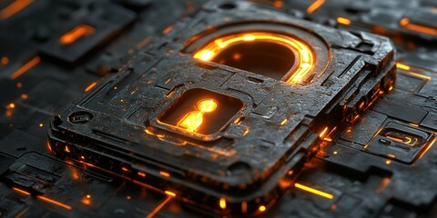Wall Mural - modern digital lock surrounded by intricate circuitry glowing with orange light representing cyberse