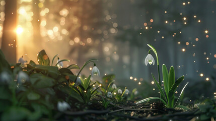 Wall Mural - A delicate snowdrop flower blooming at the edge of a forest, with a dreamy blurred background of light filtering through trees.