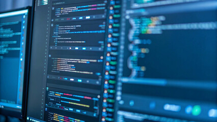 Innovative software engineering: dynamic programming and application development visualized on a modern computer monitor,finance, design, light, electronic, code, concept,screen, information, stock, c