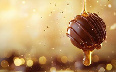 Wall Mural - A honey caramel chocolate bonbon hovering with golden honey drizzle flowing out, pastel gold gradient background