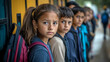 © Tahsin - Serious School Children Waiting in Line Backpacks Education boy kids girl face young queue youth