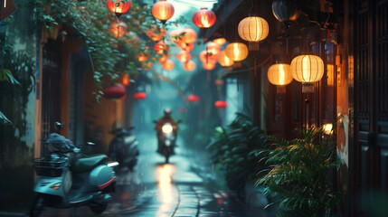 Wall Mural - A dimly lit alleyway in an old town, with a blurred scooter speeding by under hanging lanterns.