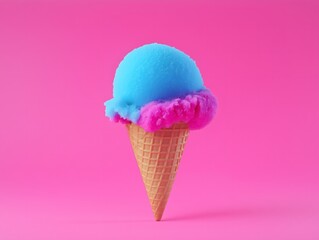 Wall Mural - Colorful blue and pink ice cream cone on a vibrant pink background.