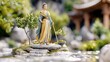 © MAKASIHMAS SIDNEY - Miniature woman, garden, Asian temple background, serene scene, decorative figurine