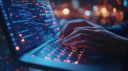 Close-up of hands typing code on a laptop at night.