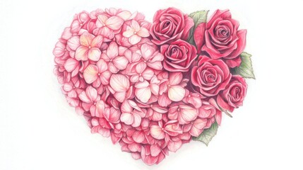 Wall Mural - a heart-shaped floral bouquet in an elegant pencil sketch, showcasing pink hydrangeas and red roses 