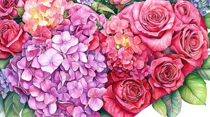 Wall Mural - a heart-shaped floral bouquet in an elegant pencil sketch, showcasing pink hydrangeas and red roses 