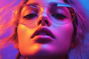 Wall Mural - Vibrant portrait of a woman with glasses illuminated by colorful lights