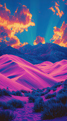 Wall Mural - Surreal desert landscape with fluorescent pink dunes and vibrant clouds