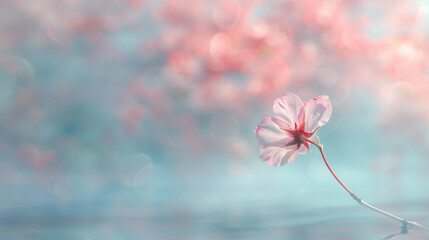 Wall Mural - A lone cherry blossom on a slender branch, with a beautifully blurred backdrop of soft pink and blue hues.