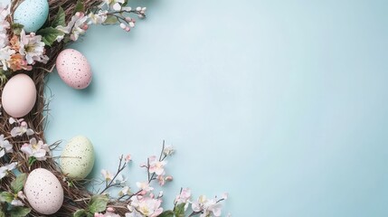 Wall Mural - Pastel Easter Eggs and Floral Wreath Decoration Art