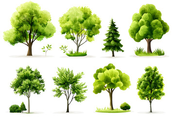 various realistic green trees collection isolated on white background