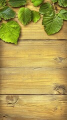 Wall Mural - Green leaves on wood background; nature spring design