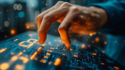 Close-up of finger interacting with glowing digital code on a screen, futuristic technology concept.