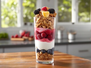 Wall Mural - Delicious Granola Parfait with Berries and Yogurt on Wooden Tabletop