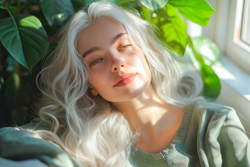 Green Home concept with relaxed stylish woman with long wavy white hair in modern sunny day at home