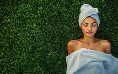 Canvas Print - Woman relax in SPA wrapped in a soft towel. blue grass background. top view