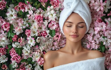 Wall Mural - Woman relax in SPA wrapped in a soft towel. flowers background. top view