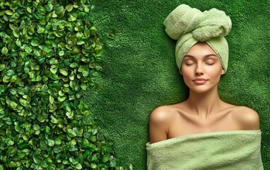 Canvas Print - Woman relax in SPA wrapped in a soft towel. Bright green background. top view