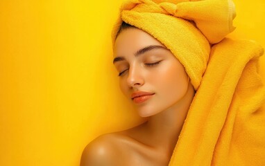 Canvas Print - Woman relax in SPA wrapped in a soft towel. Bright yellow background