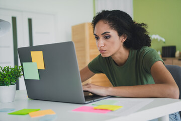 Wall Mural - Photo of nice young girl focused stressed working netbook wear green clothes enjoy modern cozy interior flat home office indoors