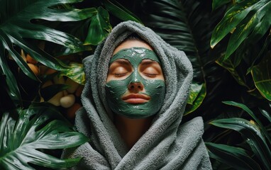 Wall Mural - Woman relax in SPA wrapped in a soft towel. Top view, with a refreshing green clay mask on her face, surrounded by tropical leaves and natural spa elements.