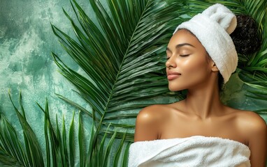 Wall Mural - Woman relax in SPA wrapped in a soft towel. green eco background. top view