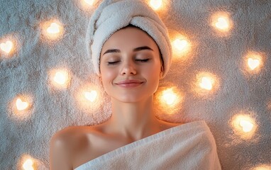 Wall Mural - Woman relax in SPA wrapped in a soft towel. hearts background. top view