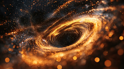 Wall Mural - glowing supermassive black hole vortex with swirling golden light streams and space dust particles i