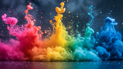 Vibrant colorful ink explosion splash flowing in water creating abstract creative artistic cloud formation movement