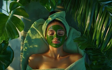 Canvas Print - Woman relax in SPA wrapped in a soft towel. Top view, with a refreshing green clay mask on her face, surrounded by tropical leaves and natural spa elements.