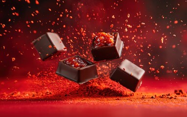 Wall Mural - A chili-infused dark chocolate praline with red spicy filling exploding outward, fiery red gradient background