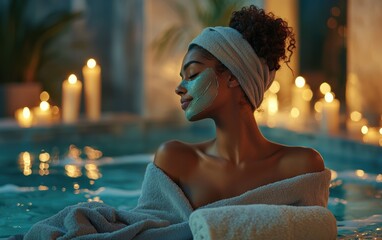 Wall Mural - Woman relax in SPA wrapped in a soft towel, with a brightening vitamin C mask, sitting in a luxurious indoor jacuzzi, surrounded by dim candlelight.