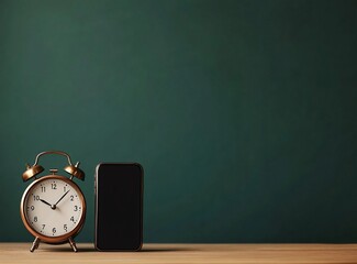 Alarm clock and smartphone on wooden table against green background.