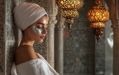 Wall Mural - Woman relax in SPA wrapped in a soft towel, with a pearl extract mask, inside a Moroccan-style spa with intricate golden lanterns.