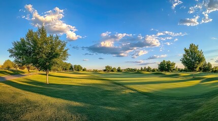 Wall Mural - a breathtaking sunset over a peaceful park, with golden light casting long shadows on the grass.