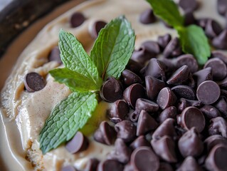 Wall Mural - Creamy Dessert Topped with Chocolate Chips and Mint Leaves