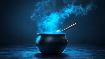 Mystical Cauldron with Blue Smoke and Wooden Stirrer.