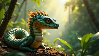 Fantasy snake-like lizard with vibrant colors resting in a tropical forest with soft light