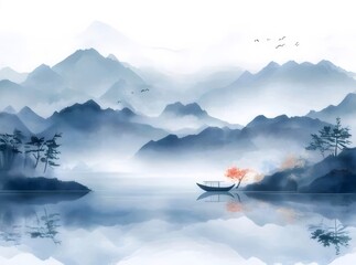 Wall Mural - Serene misty mountains reflected in calm lake water with small boat.